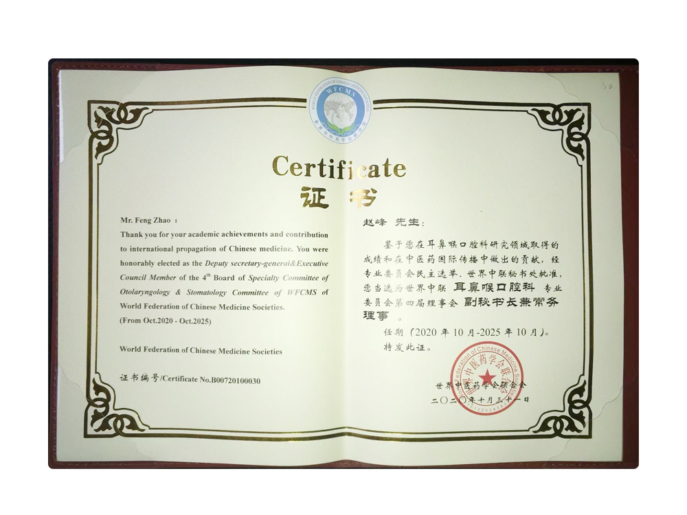 康灵集团赵峰总裁当选为世界中联耳鼻喉口腔科专业委员会副秘书长兼常务理事